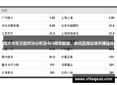 恒大与东方的对决分析及425赔率解读，谁将赢得这场关键战役